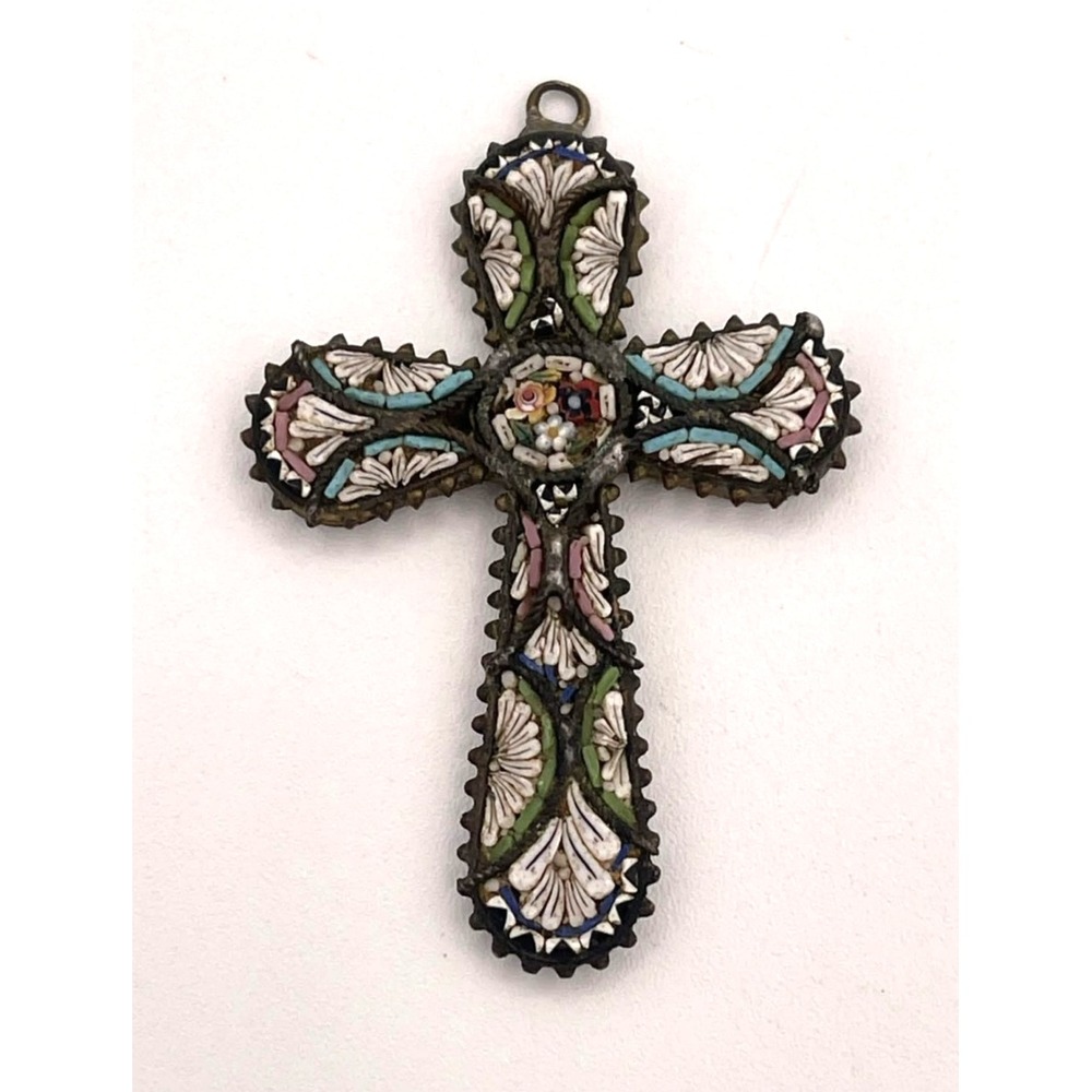 Antique Italian Micro Mosaic Cross Pendant Floral Glass Tesserae 2"
